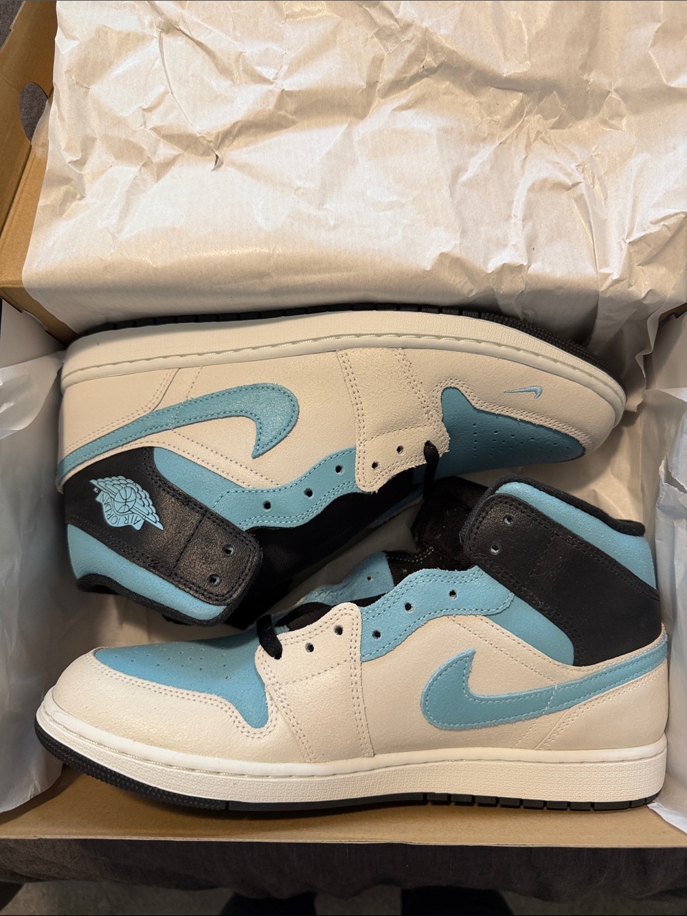Nike Air Jordan 1 Mid White & Light Blue with Black Accents. New In-Box!!!